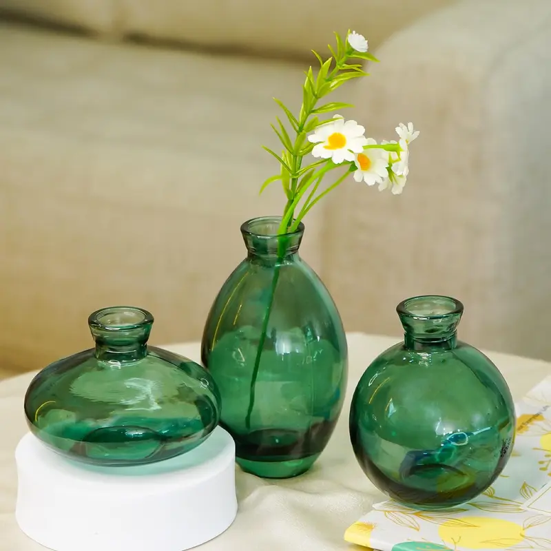 Ekhasa Green Glass Bud Vases Flower Pots for Home Decoration (Set of 3) | Center Table Mini Decorative Items | Transparent Glass Vase for Water Plants | Glass Planters for Indoor Plants