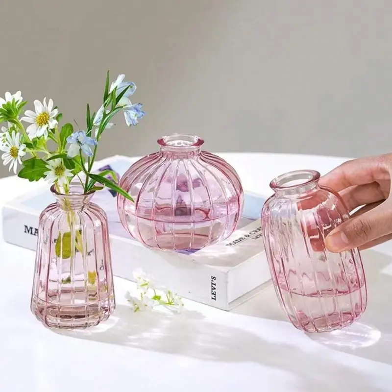 Set of 3: Ekhasa 100% Crystal Pink Glass Bud Vases | Mini Decorative Items | Clear | For Home Decoration