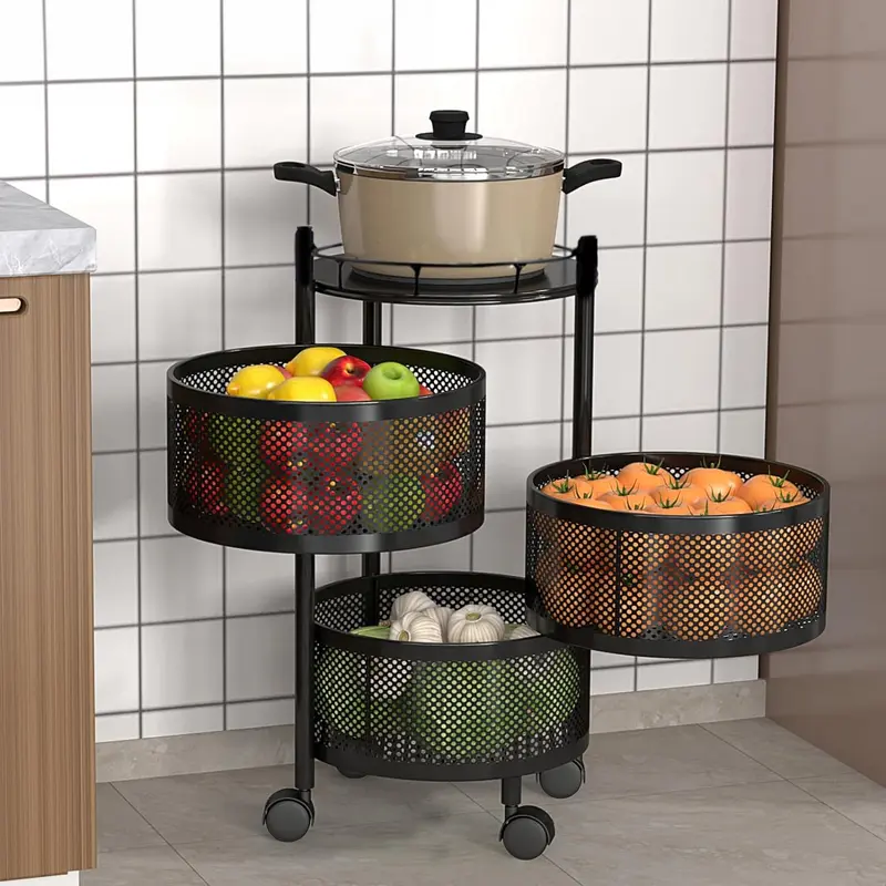 3-Layer Round Black Storage Trolley | Rotating Design | Metal