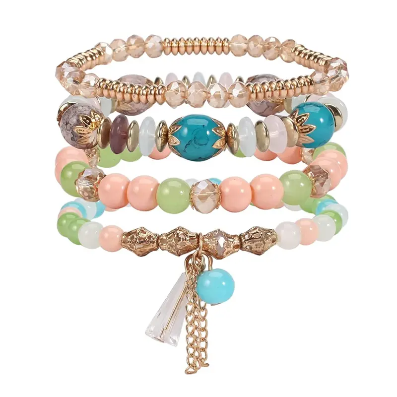 4 Pcs Multicolor Bead Bracelets: Stackable Bohemian Style | Handmade |  Birthday Gift | Elastic