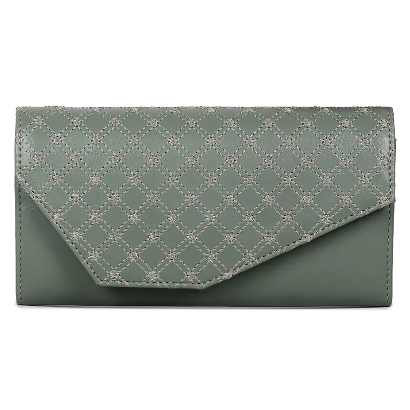Helena Wallet: Olive Green Women's Clutch with Embroidery | Slim, Casual Style