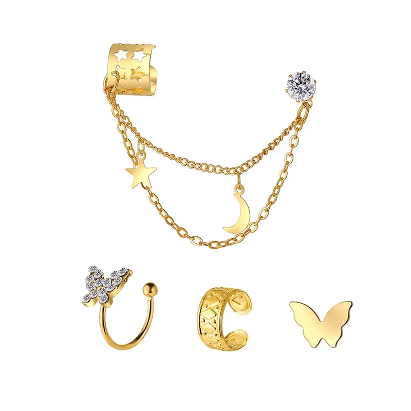 4 Pcs Golden Ear Cuffs - Fashion Tassel Earrings | Adjustable | Gold