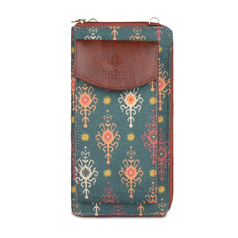 Fashionista Green: Women's Printed Wallet with Mobile Pocket | Slim | Vegan Leather & Handicraft Fabric