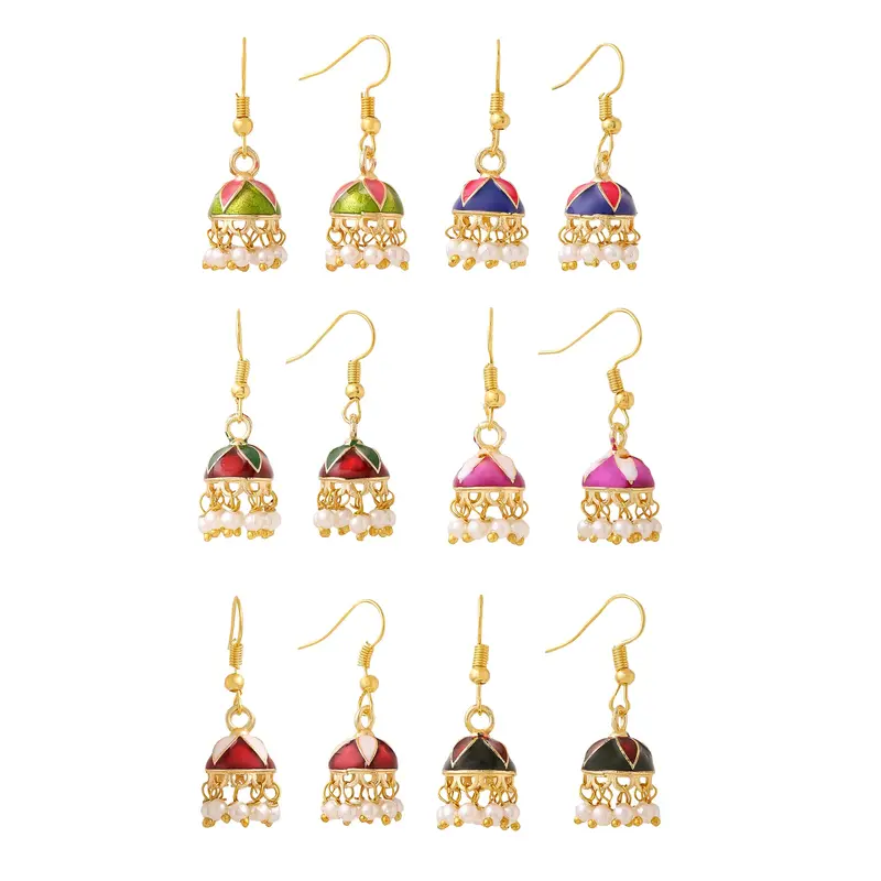 6 Pairs: Multicolor Meenakari Jhumka Earrings for Women | Gold Plated | For Daily Wear & Gifting