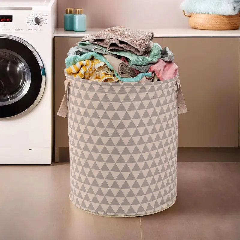 60LTR Cotton Round Laundry Hamper - Triangle-Print | Foldable Grey Basket for Clothes & Toys