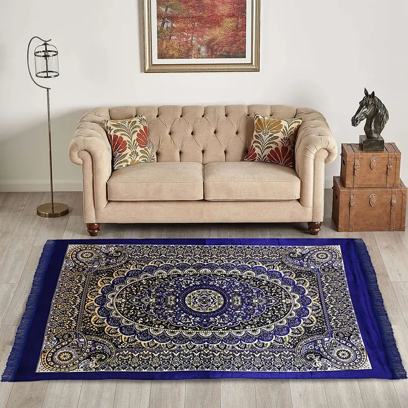 5x7 Feet Velvet Carpet: Water Absorption Paisley Design | Navy Blue | Indoor