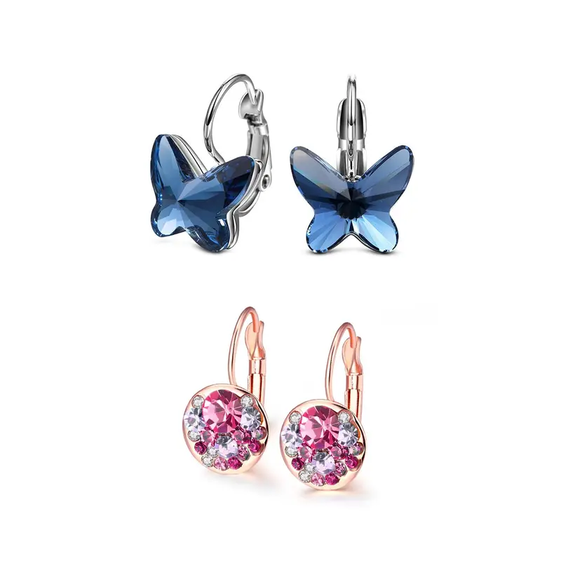2 Pair Combo: Pink Crystal Clip-On & Butterfly Stud Earrings | Multicolor