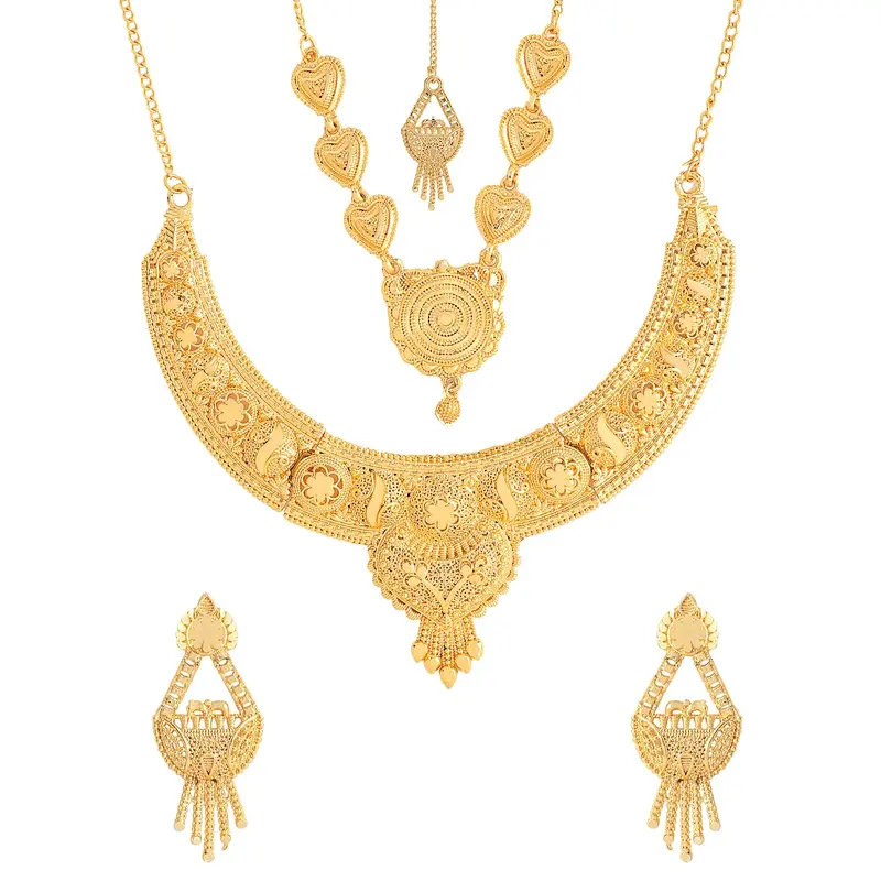 1 Gram Gold Jewellery Set: Bridal Choker Necklace & Earrings | Gold | Free Size