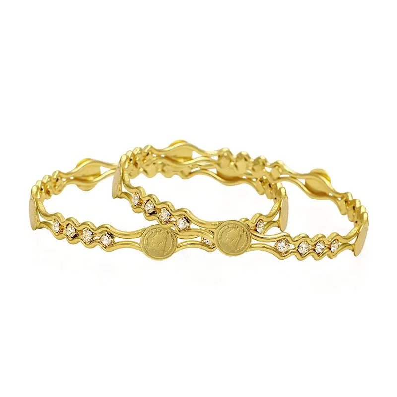 2 PCS Exclusive Gold Traditional Bangles with White Crystal | Size: 2.6