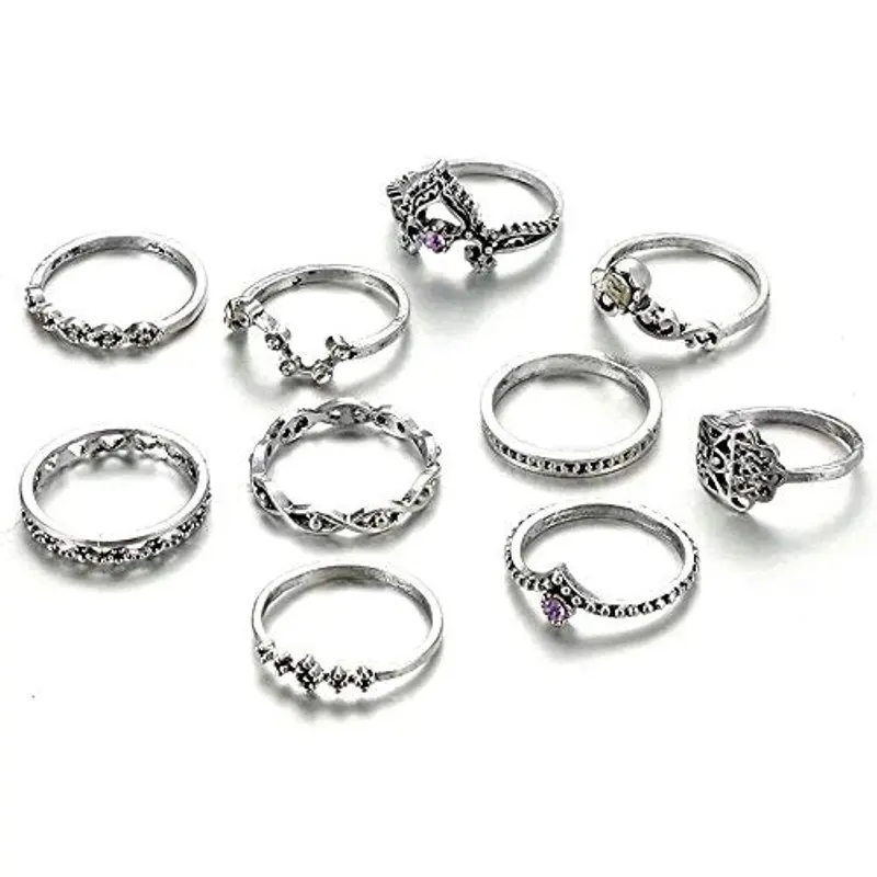10 PCS Combo: Oxidised Silver Plated Knuckle Rings for Women