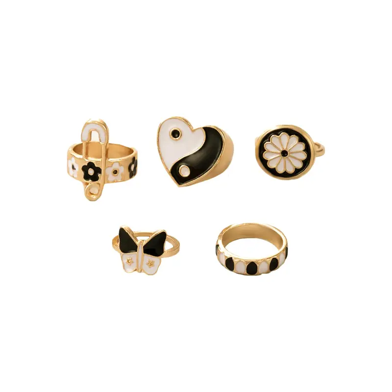 5 Pcs Black Stack Rings - Elegant Gold Plated Midi Finger Knuckle Set | US7 | Women & Girls