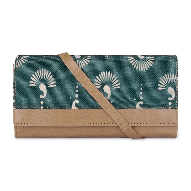 Erika Ladies Wallet: Bottle Green Printed Handicraft Fabric | Stylish Sling Bag with Multiple Card Slots
