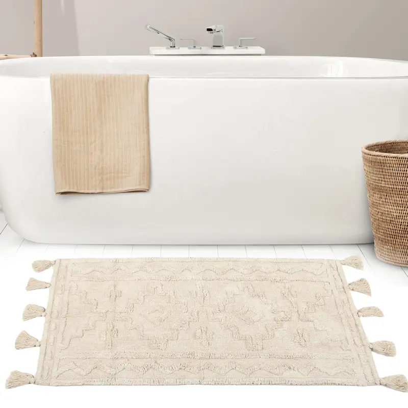 100% Cotton Tufted Bath Runner - Quick Dry, Lightweight | Machine Washable | 120 x 50 cm | Cream