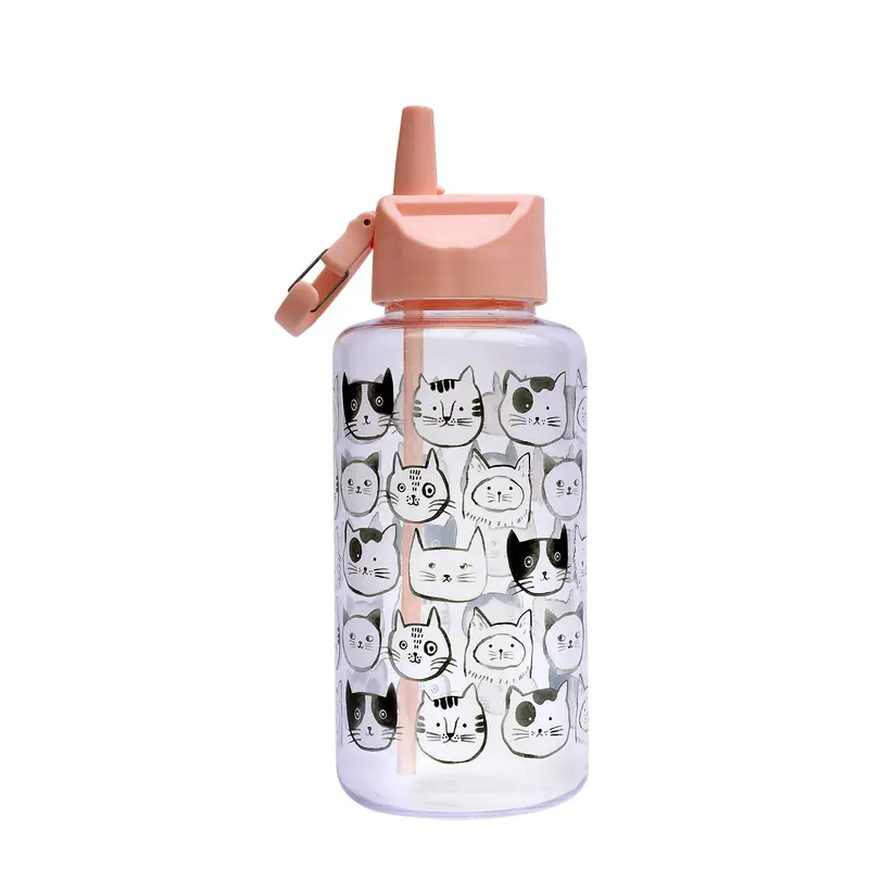 1 L Non-Toxic Plastic Sipper Bottle - Leak Proof, Flip-Top Lid & Straw | Ideal for Gym, Travel & Kids | Cats Print