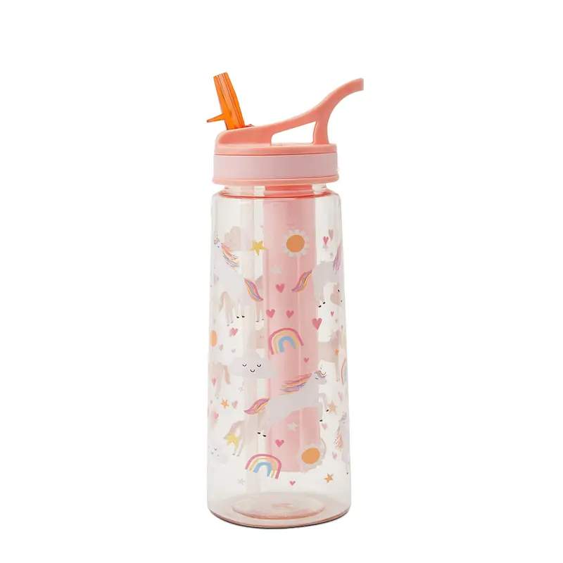 650 ML Leakproof Plastic Sipper Water Bottle with Freeze Stick | Flip-Top Lid & Straw | Unicorn Print