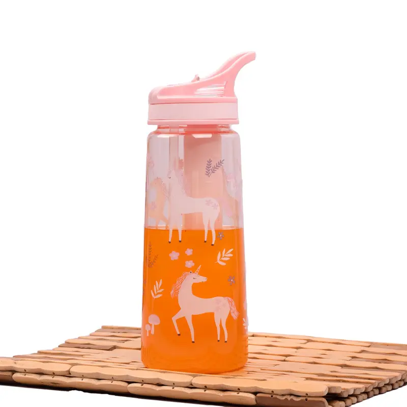650 ML Leakproof Plastic Sipper Water Bottle - With Freeze Stick, Flip-Top Lid & Straw | Pink Unicorn