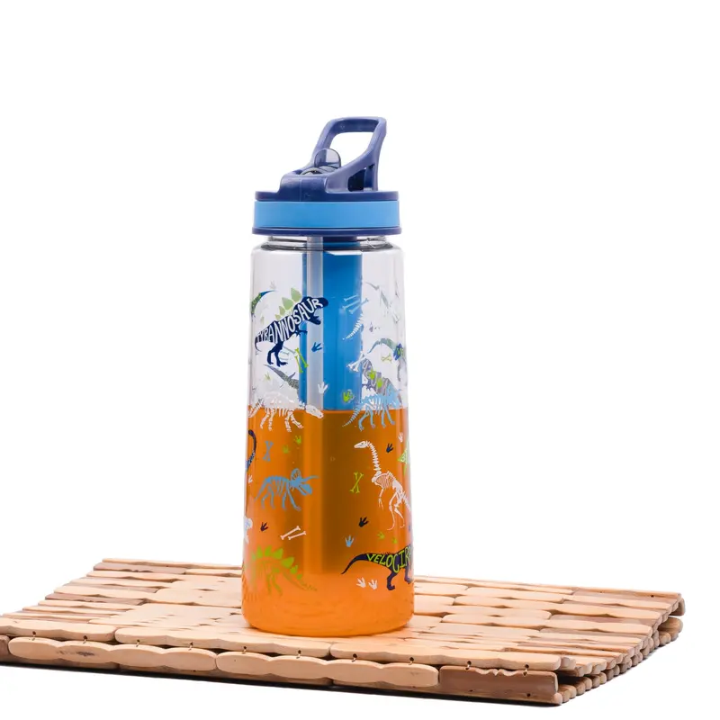 650 ML Leakproof Plastic Sipper Water Bottle - With Freeze Stick, Straw & Flip-Top Lid | Blue Print