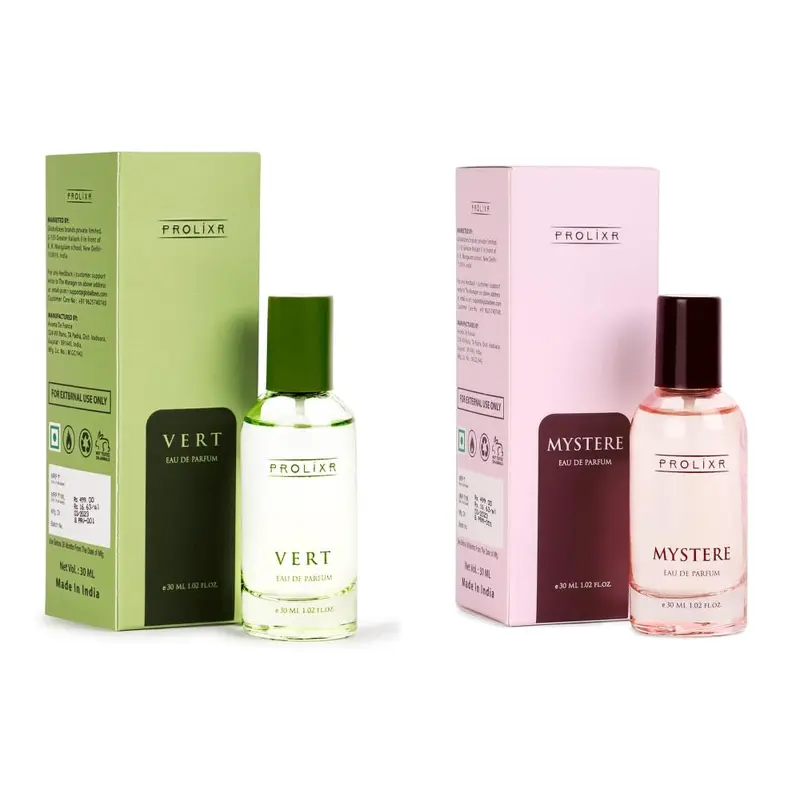 Prolixr Vert & Mystere Duo Eau De Parfum Set | 30ml Bottles | Premium Unisex Luxury Perfumes - Lotus, Peony, Waterlily, White Musk, Mahogany, Ylang-Ylang | Long Lasting Scent for Men & Women