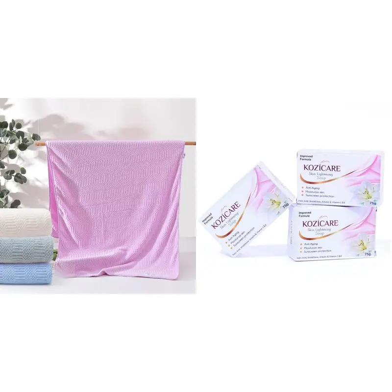 & ME Kozicare Skin Lightening Soap (Pack Of 3) And Microfiber Bath Towel Set For Daily Skincare Soap Combo Pack Offer Bathroom Accessories Bath Towel And Soaps For Men And Women