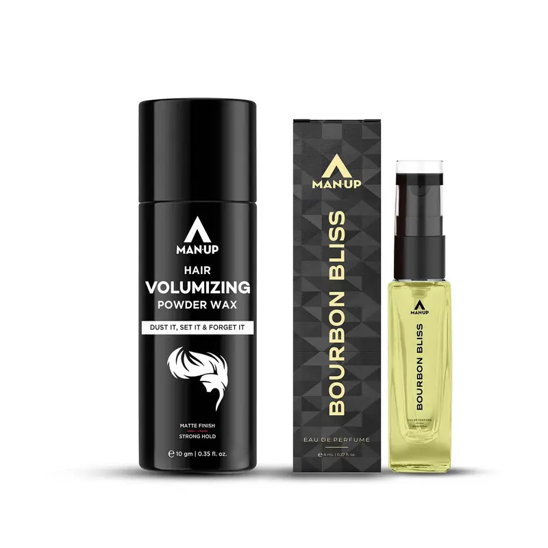 Man-Up Hair Volumizing Powder Wax For Men 10gm & Bourbon Bliss Perfume For Men - 8ml |Strong Hold Styling |Eau De Perfume,Refreshing & Energising Fragrance Perfume