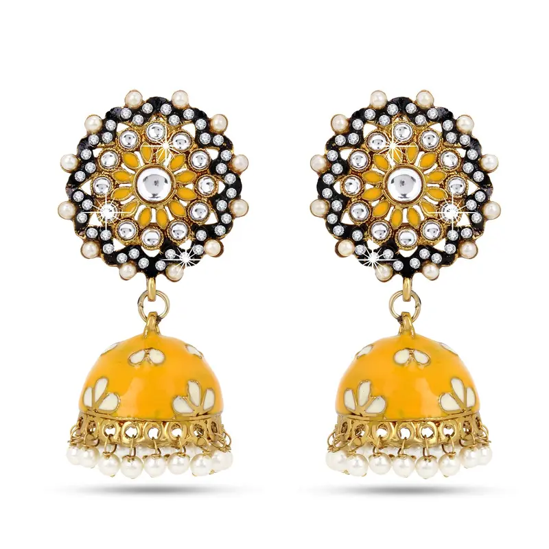 Yellow Jhumka Earrings - Meenakari Floral Design | Lightweight | 6.7x3.5 cm | Gold Toned