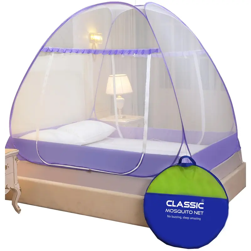 Classic Mosquito Net for Double Bed | King Size Foldable Premium Machardani | Extra Mosquito Protection | Polyester 30GSM Strong Net | PVC Coated Corrosion Resistant Steel Wire - Purple
