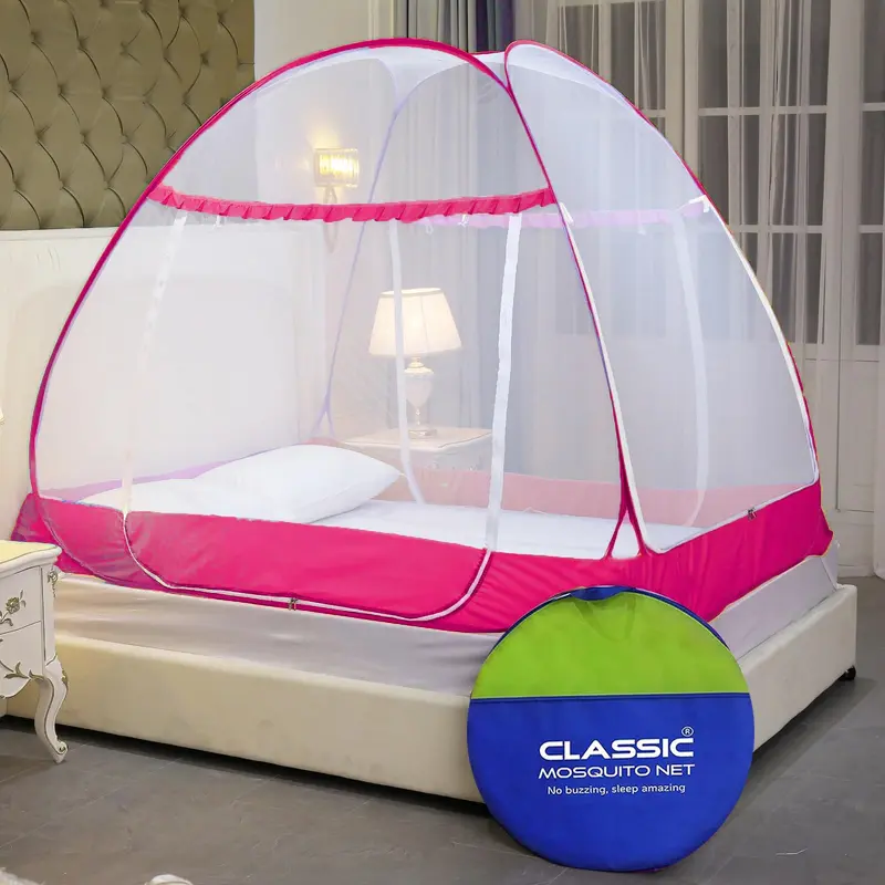 Classic Mosquito Net for King Size Double Bed: Foldable, 3 Zipper Doors | 200cm x 200cm x 145cm | Pink