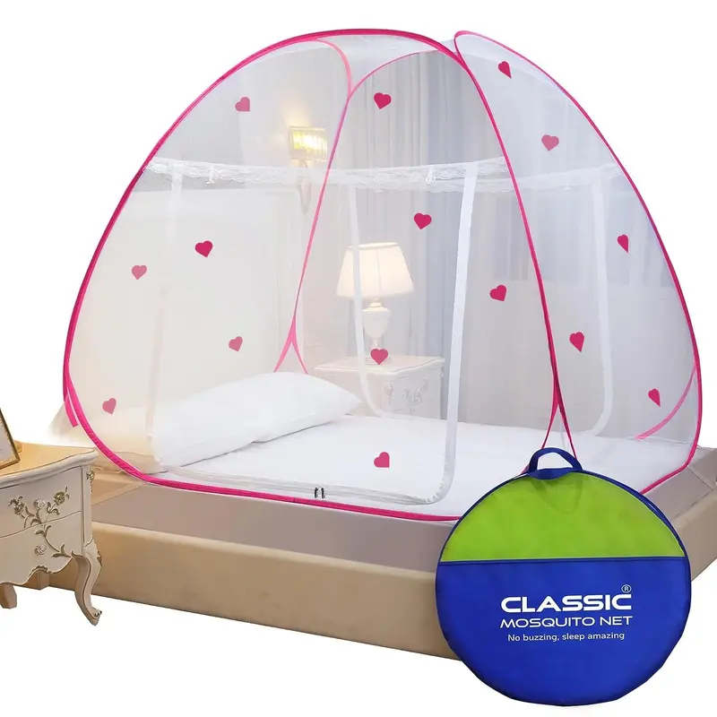 Queen Size Classic Mosquito Net: Heart Design Foldable | Pink | Polyester